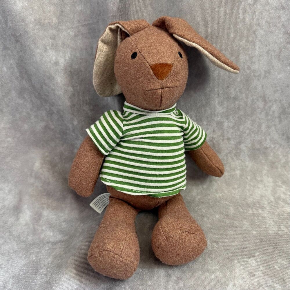 MUJI Brown Rabbit Plush Stuffed Animal Toy Tweed Green Shirt Embroidered 12"